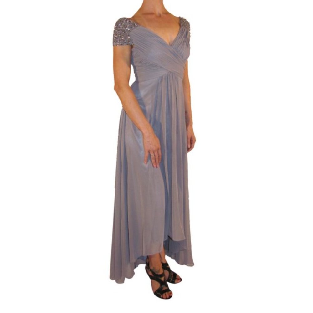 Eliza J Embellished Shoulder Pleated Chiffon Gown